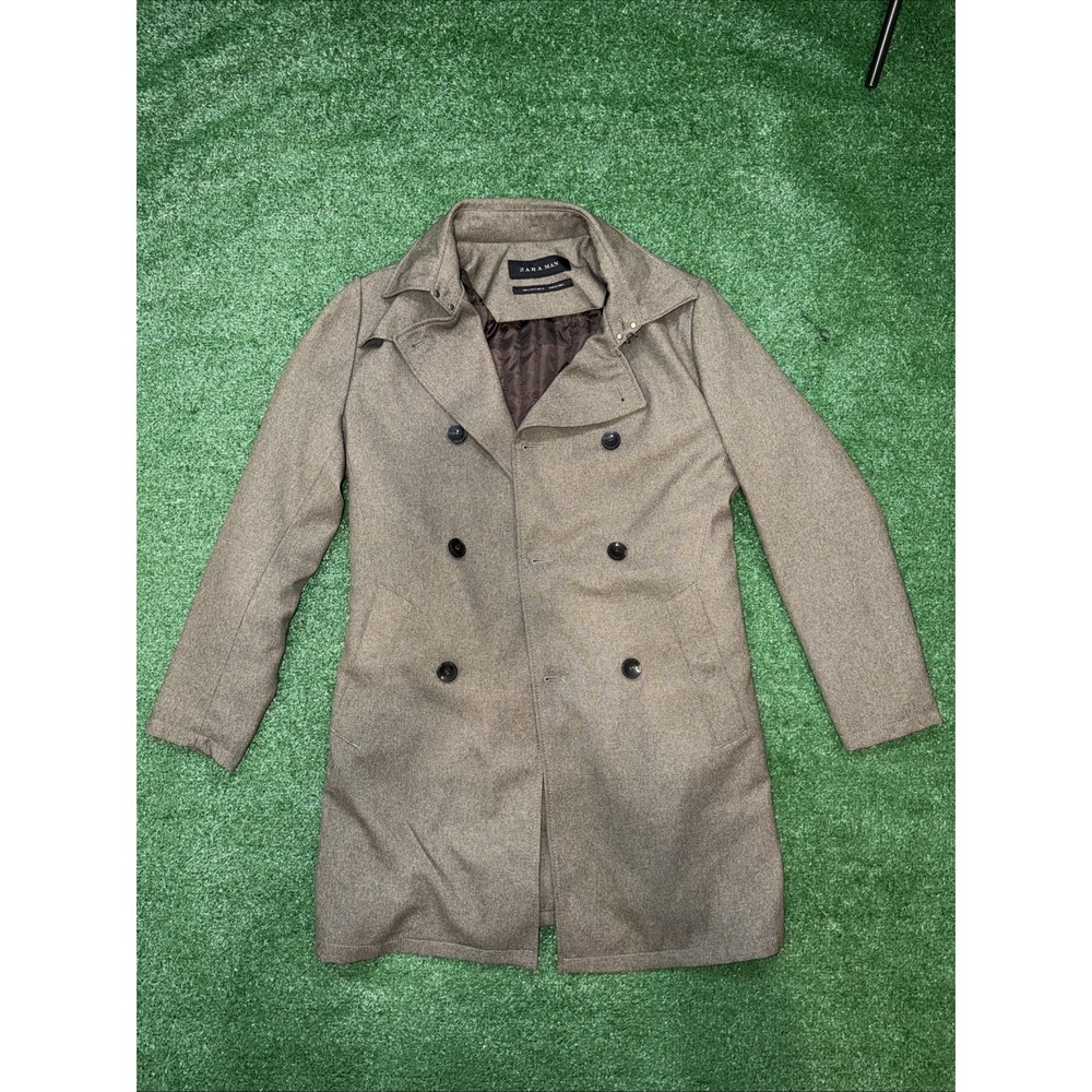 Zara Man Double Breasted Wool Blend Coat Small Brown‎ Removable Liner